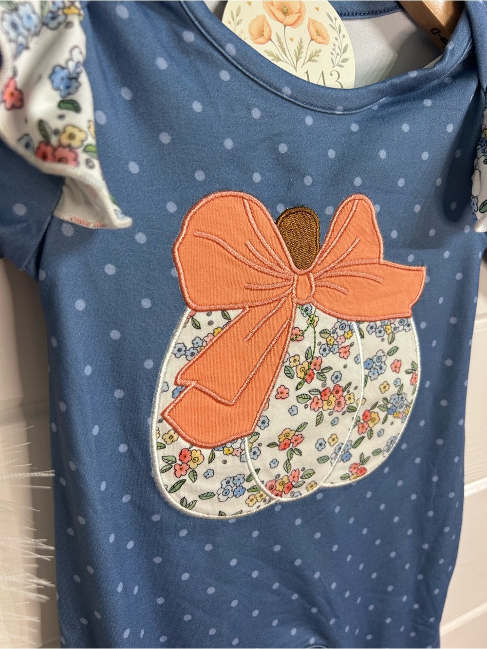 Blue Polka Dot Girls Dress with Floral Pumpkin Applique